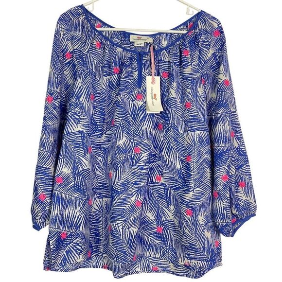 NWT Vineyard Vines Palm Print Tunic Top, Large, 100% silk, blue/white/hot pink - Picture 1 of 14